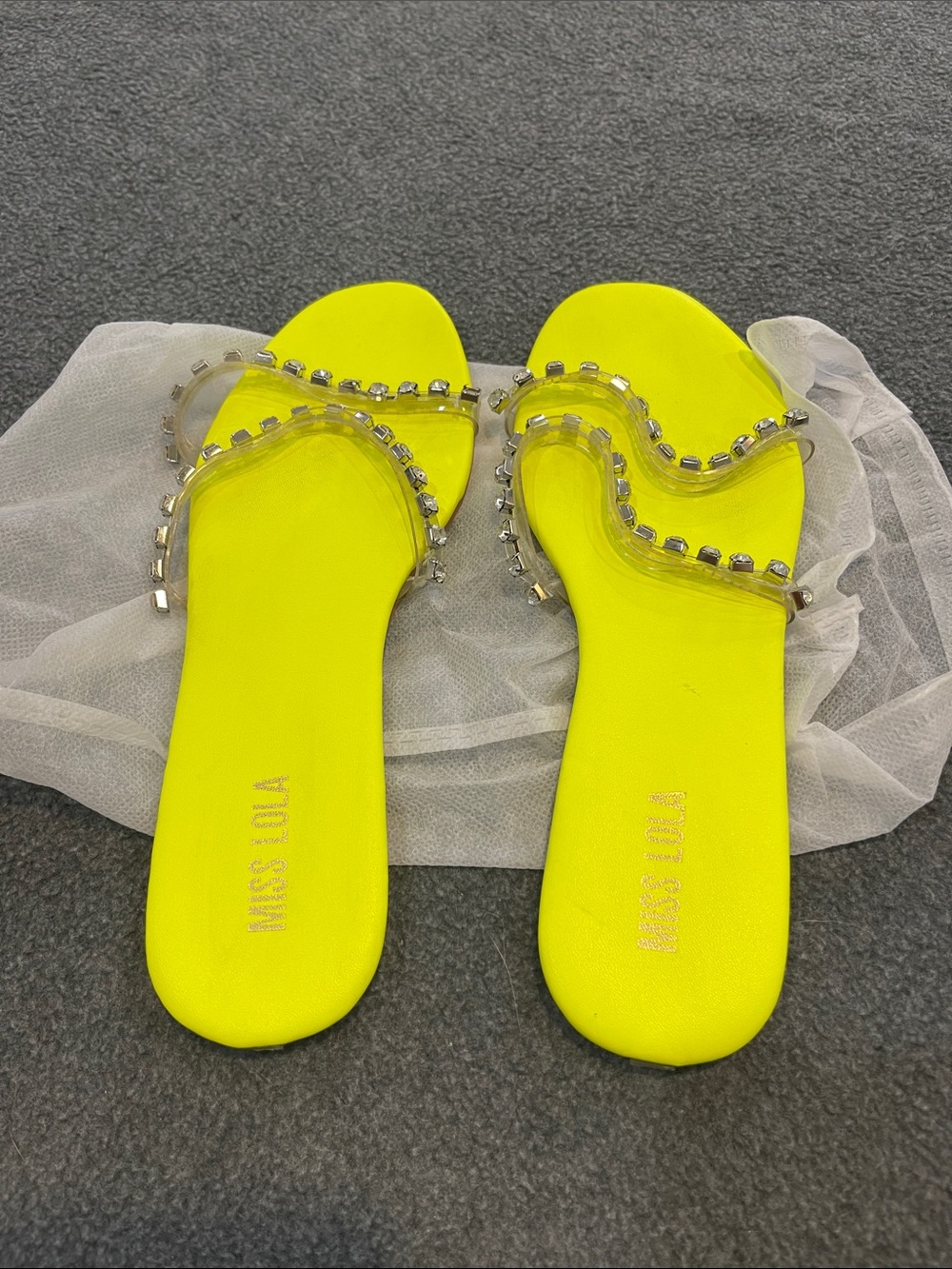 Miss Lola Neon Yellow Crystal-Trim Clear-Strap Slide Sandals